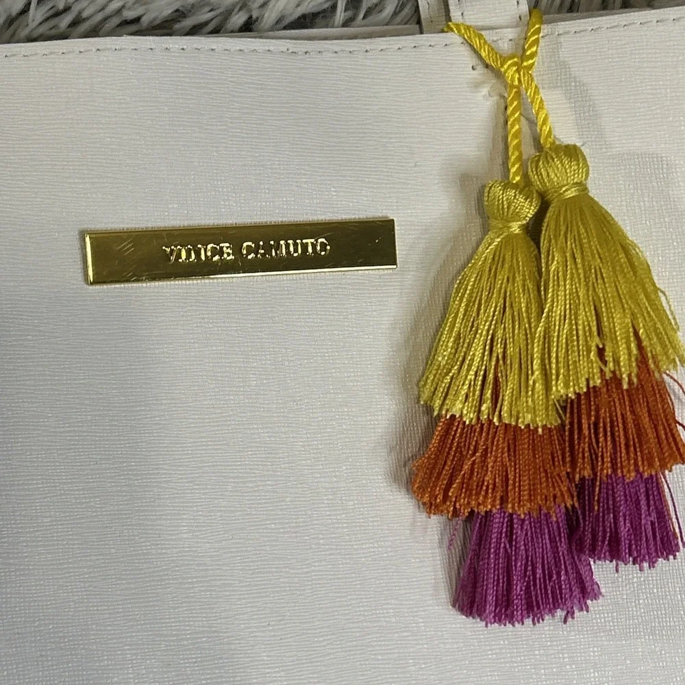 Vince‎ Camuto Large White Tote Bag Top Handles Pastel Tassel Beach Boho Festival